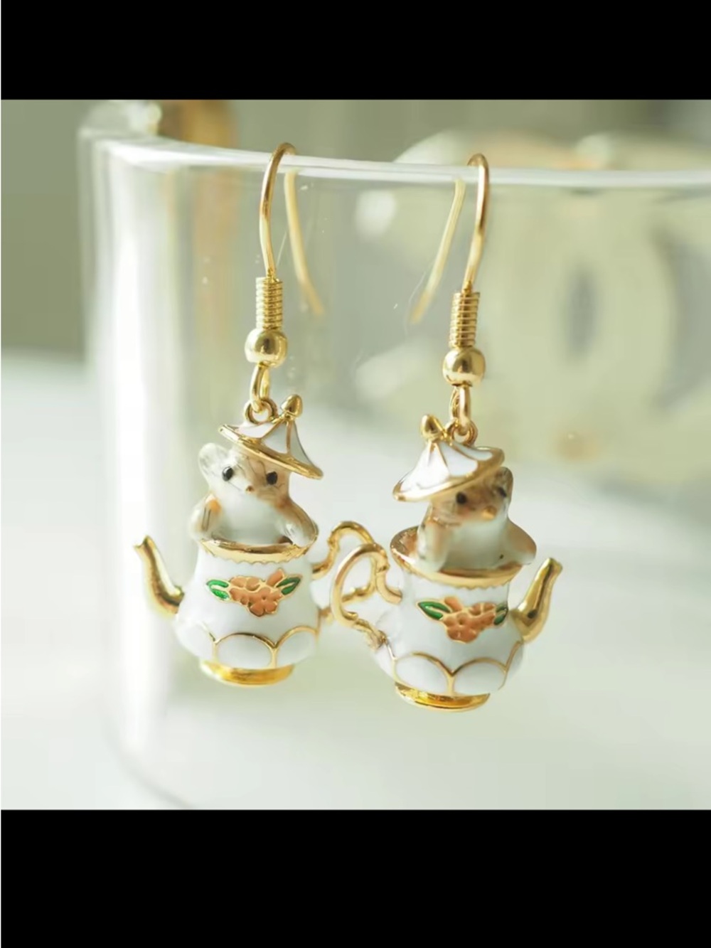 White and Gold Teapot chipmunk porcelain Earrings NEW
